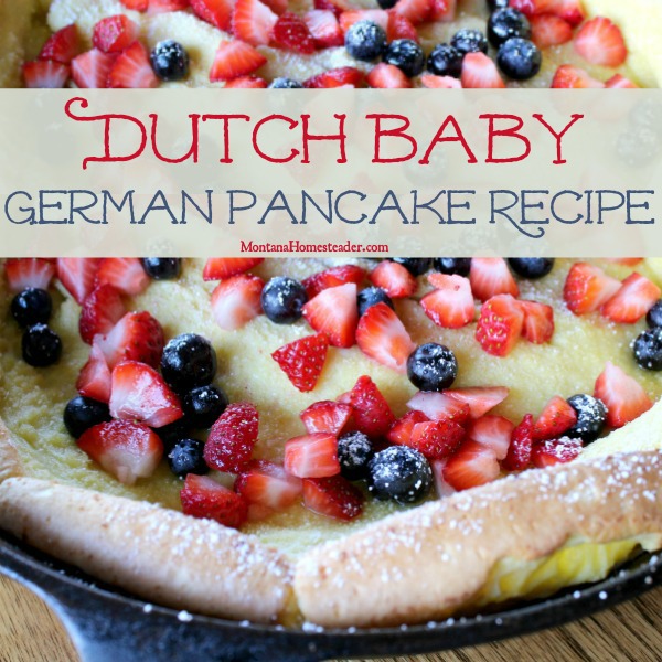Dutch Baby German Pancake recipe with fresh fruit and powdered sugar topping