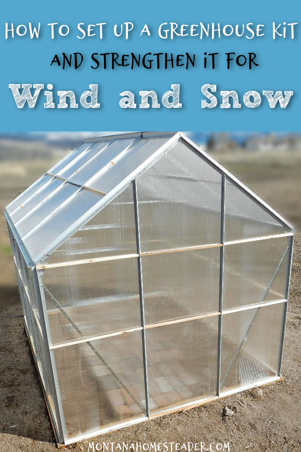 How to set up a greenhouse kit and strengthen it for wind and snow picture showing anchoring it to wood in the ground adding cross brace supports to stabilize it