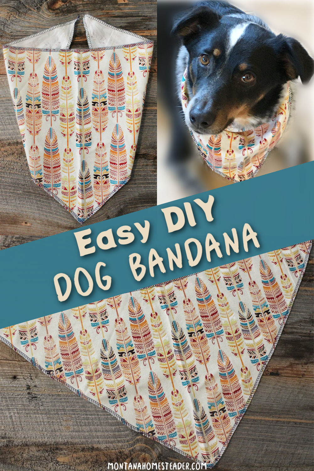 Easy DIY dog bandana how to sew a tie on dog bandana black and white Australian Shepherd mix dog wearing feather print fabric bandana 