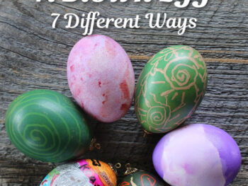 How to decorate a blown egg 7 different ways circle of colorful decorated blown eggs purple dip dye pysanky wax resist eggs colorful permanent marker dog drawing on an egg
