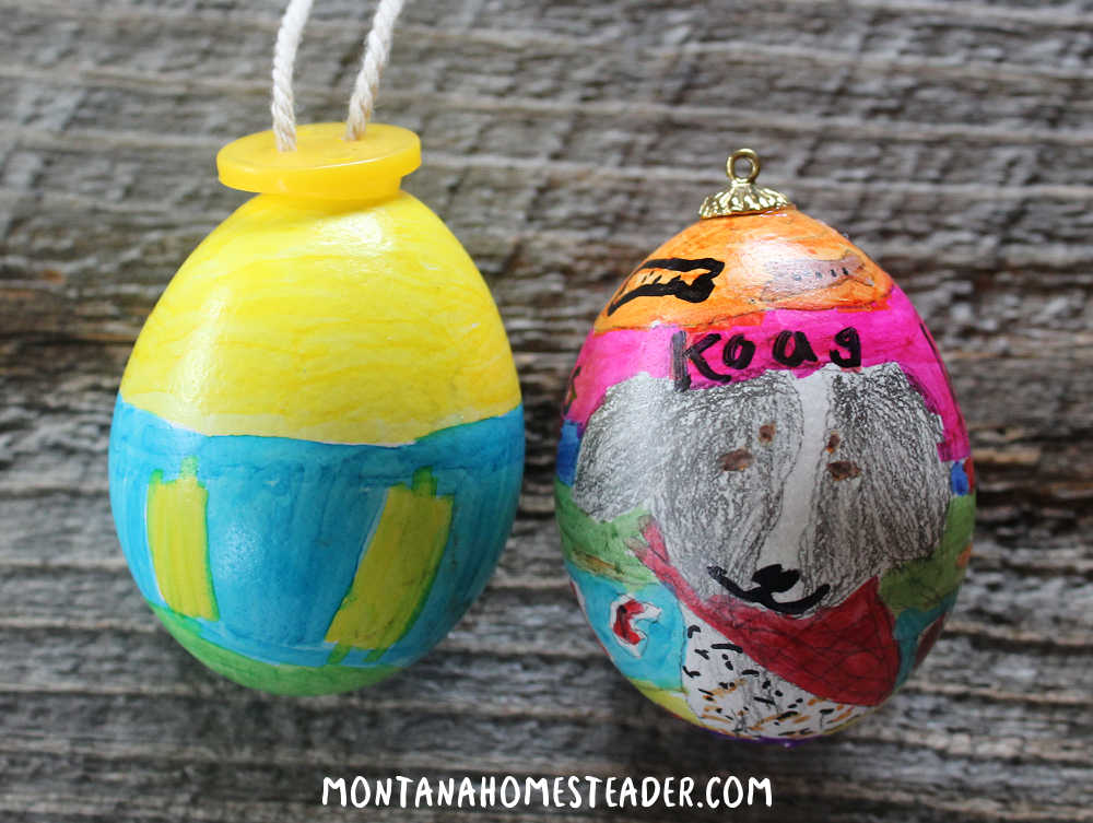 How to decorate blown eggs make blown egg Easter eggs and blown egg Christmas ornaments using permanent markers colorful yellow and blue egg and egg with a detailed picture of the family black and white dog wearing a red bandana 