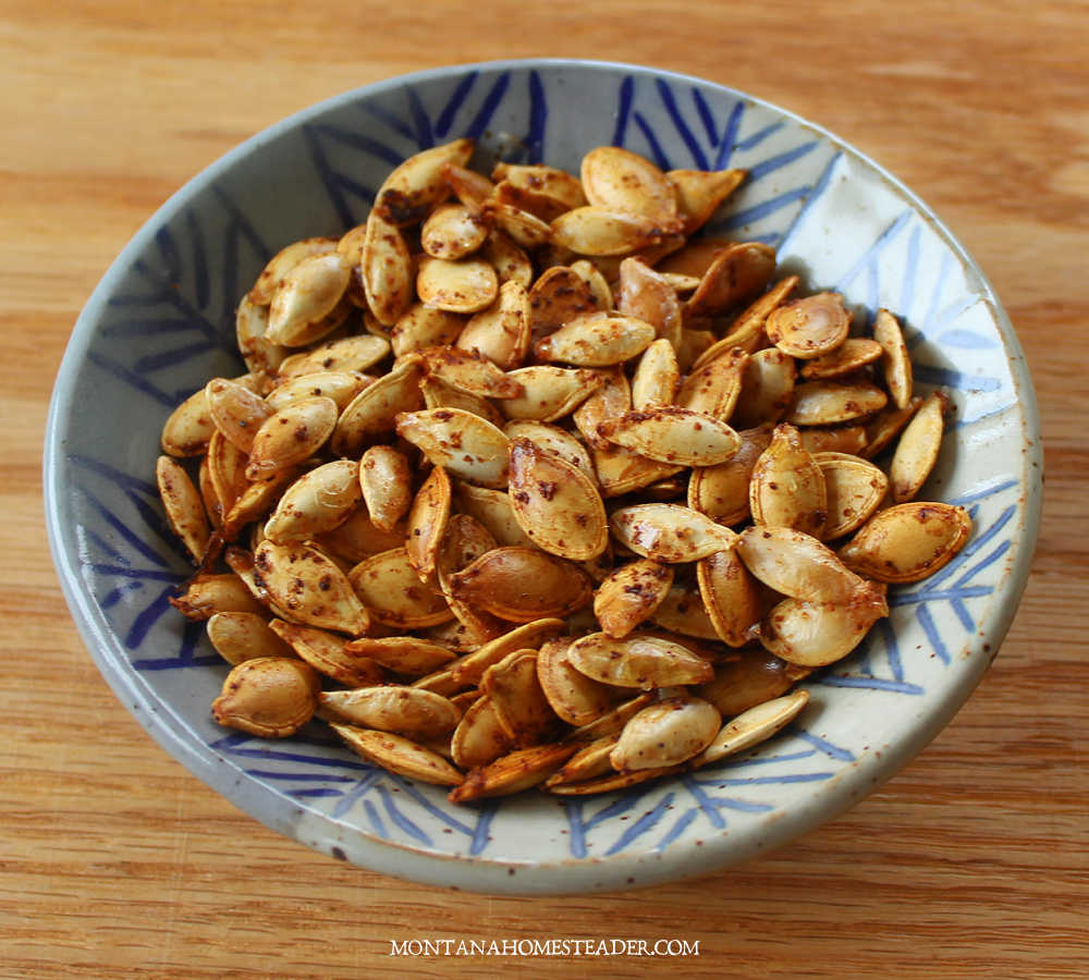 How to make roasted pumpkin seeds spicy pumpkin seeds with garlic powder paprika cayenne pepper in blue ceramic bowl on wood board